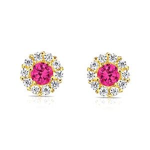 14K GOLD Halo Red Ruby CZ Birthstone Earrings